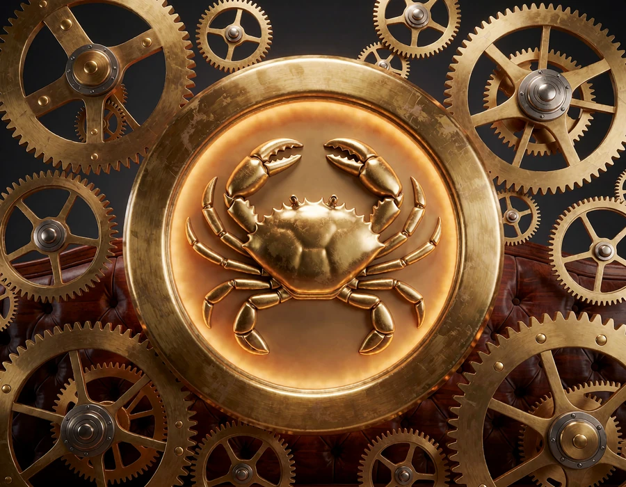Złoty medalion z wytłoczonym krabem na tle mosiężnych k&oacute;ł zębatych - symbol mechaniki Bonus Crab w Millioner Casino