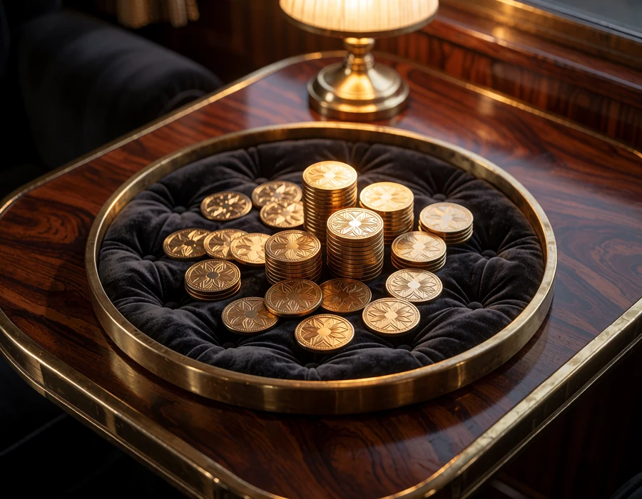 Mosiężna taca z aksamitną wyści&oacute;łką wypełniona złotymi żetonami klubowymi - nagrody Challenges i Coins Shop w Millioner Casino